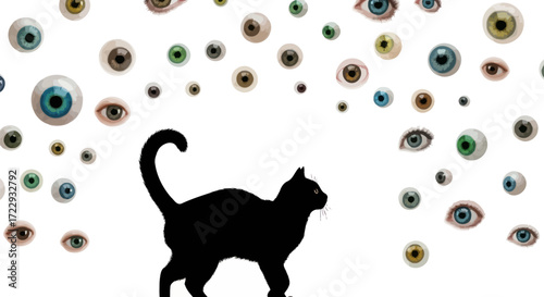Silhouetted feline contemplates a sky of observing eyes conveying surreal observation
