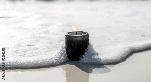 Solitary candle flame dances amidst the embracing waves on a serene shoreline moment