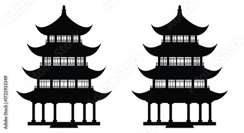 Traditional asian pagodas with multiple tiers in a dark silhouette