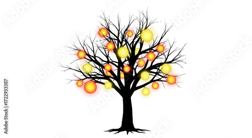 Stylized tree with glowing orbs evoking festive ambience on a clean white backdrop