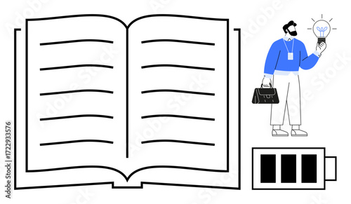 Open book with lines, man holding lightbulb in formal attire, and low battery. Ideal for education, innovation, knowledge, productivity, motivation work-life balance and energy management. Simple