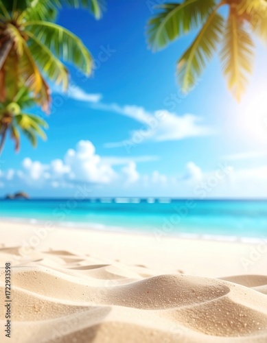 Serene beach vista featuring a white sand beach, turquoise ocean, palm trees and blue sky with sun. Summer holiday backdrop