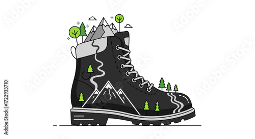 Vector illustration of hiking boot with a mountain landscape inside providing inspiration