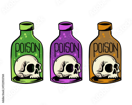 Spooky Halloween Poison Bottles Skull & Potion Illustrations
