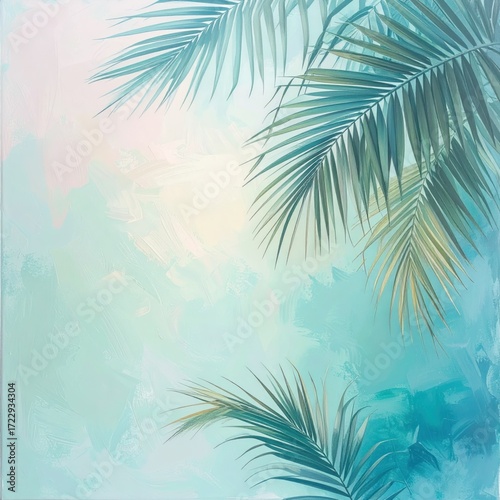Palm fronds extend into a soft, abstract blue and pink painted background, with a hint of sunshine peaking through the leaves
