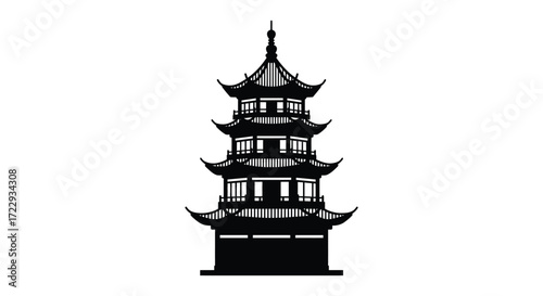 Detailed asian pagoda tower illustration in black and white silhouette