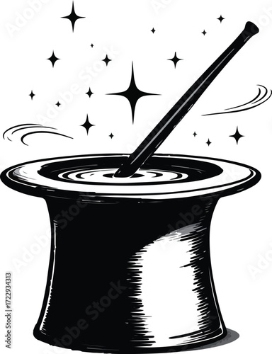 Magician top hat illustration with magic wand sparkles stars fantasy illusion entertainment stage performance vector design