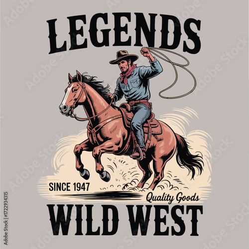 Cowboy Vintage Western Typography Design,  Wild West Rodeo Vector Illustration with Cowboy on Horse, Desert Cactus, and Arizona Desert Scene for Apparel, Posters, and Retro Graphics