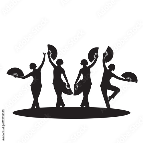 Vector silhouette of a fan dancer looking flexible and expressive on stage