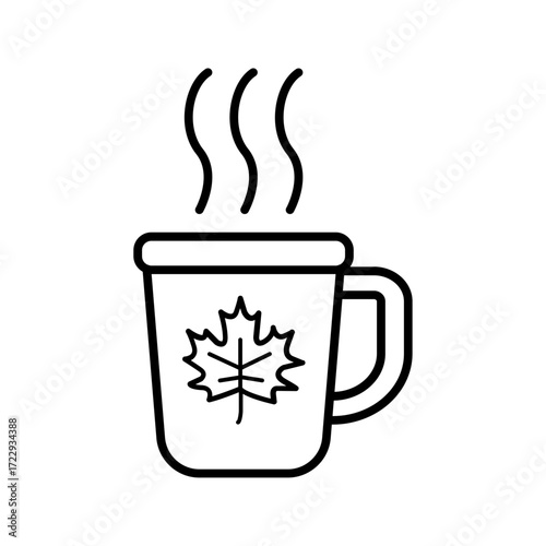 Autumn Line Icon Mug of Warm Drink with Maple Leaf for Fall Season