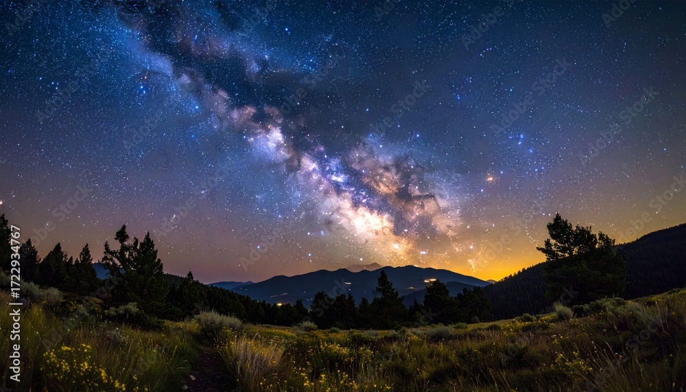 Fototapeta premium Stunning natural night landscape with a clear starry sky, silhouetted trees, and soft moonlight filtering through the clouds