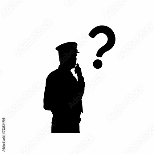 Serious officer asking questions silhouette white background