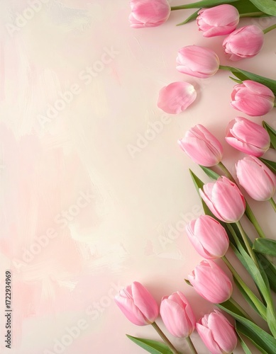 Pastel pink backdrop with fresh tulips, some fallen petals, providing a soft, romantic aesthetic, ideal for spring or gentle themed designs