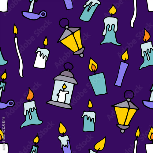 Doodle burning floating candles seamless pattern. Hand-drawn candlestick, lamp on dark purple background. Holiday, Christmas, church, Halloween dripping wax lights symbol. Vector festive illustration