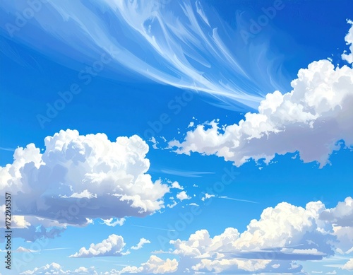 An airy, bright sky with soft white cumulus and cirrus clouds scattered across a vibrant azure expanse, creating a serene, peaceful vista