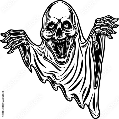 SVG vector illustration of a ghost skull in unique style.Fearsome Ghostly Figure with Menacing Expression and Cloak