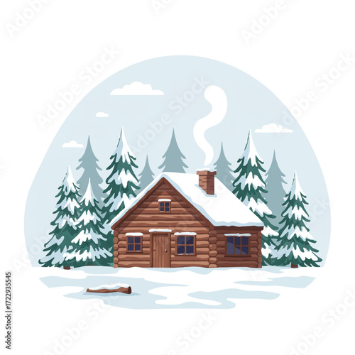 Cozy wooden cabin sits in a serene snow-covered forest with tall pine trees, smoke rising from chimney, a flat 2D vector illustration on a white background.