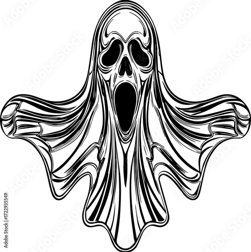 SVG vector illustration of a ghost skull in unique style.Spooky Halloween Ghost Outline with Scary Skull Face