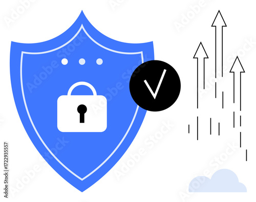 Blue shield with lock, black checkmark, upward arrows signaling growth, and a cloud. Ideal for cybersecurity, data privacy, trust, safety protection innovation progress concepts. Simple flat
