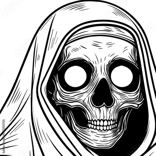 SVG vector illustration of a ghost skull in unique style.Monochrome Skull in Hooded Cloak Illustration Art Design
