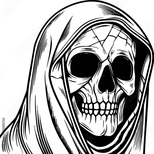 SVG vector illustration of a ghost skull in unique style.Grim Reaper Skull in Cloak with Mysterious Ambiance