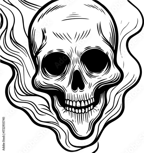 SVG vector illustration of a ghost skull in unique style.Skull Design with Smoke for Halloween and Horror Themes