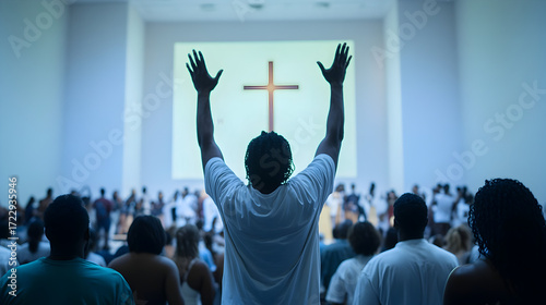 Group of African American men and women lifting hands in praise inside church, back view of seated audience, religious worship, prayer, and spiritual community gathering atmosphere