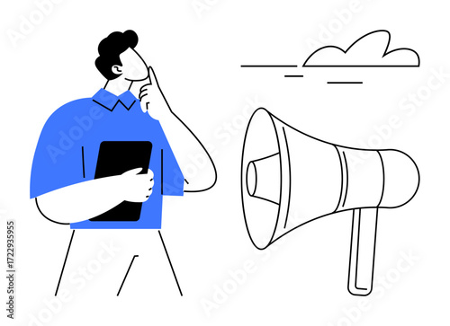 Person holding a tablet, pondering next move, alongside a megaphone for communication, marketing, and announcements. Ideal for strategy, decision-making, promotion, advertising brainstorming public