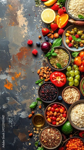 A medley of fresh ingredients & small bowls are arranged on a textured, dark surface with vibrant fruits, vegetables & spices visible