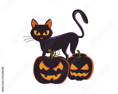 Spooky Halloween Black Cat on Jack-o'-lanterns