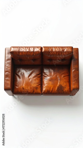 An overhead view of a small, brown leather couch with angular lines and some wear, isolated on a bright white background