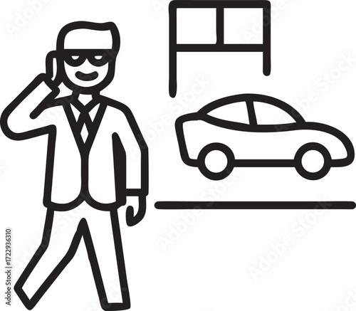 Sleek businessman with sunglasses next to car icon illustration style
