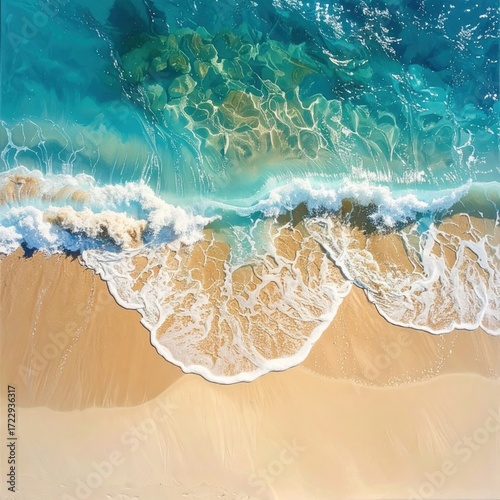 Aerial view of turquoise water gently meeting a sandy beach; foaming waves create intricate patterns where the sea touches the shore