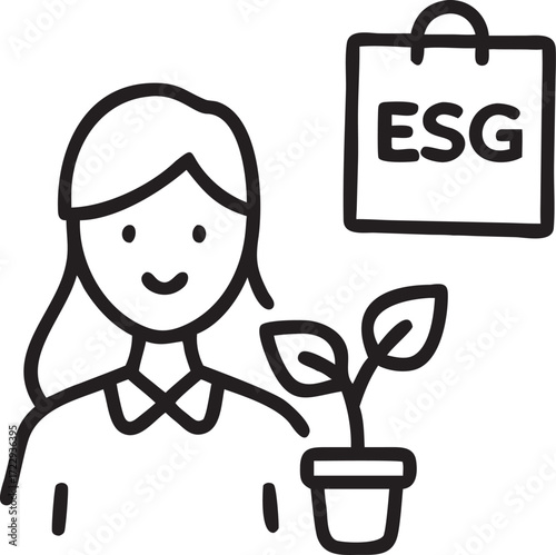 Smiling woman with plant promoting ESG Environmental Social and Governance principles