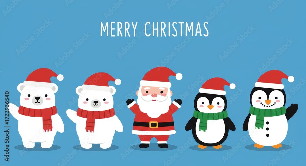 Fototapeta premium A cute Christmas illustration featuring two polar bears, Santa Claus, and two penguins, all wearing red Santa hats and colorful scarves, standing together against a blue background with the text 