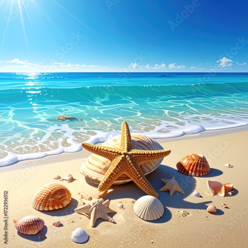 Seashells and starfish cluster on a sunny beach with azure water and white sand under a vibrant blue sky with sun flares