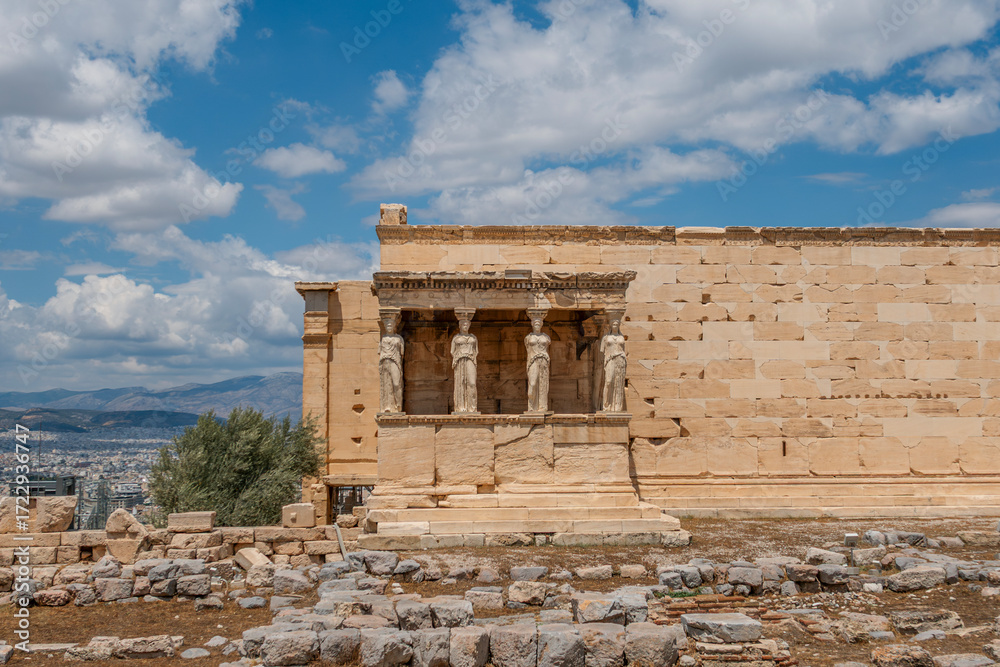 Fototapeta premium Erechtheion Temple Caryatids Porch At Acropolis Athens Greece. Ancient Greek architecture, marble maidens, ionic columns, archaeological site