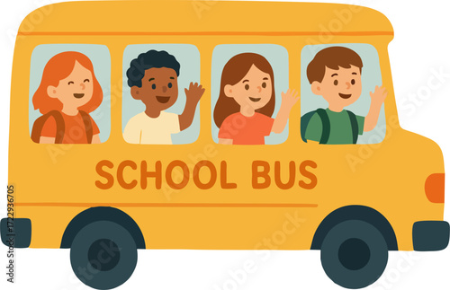 little kids boy and girl ride school bus and go to school