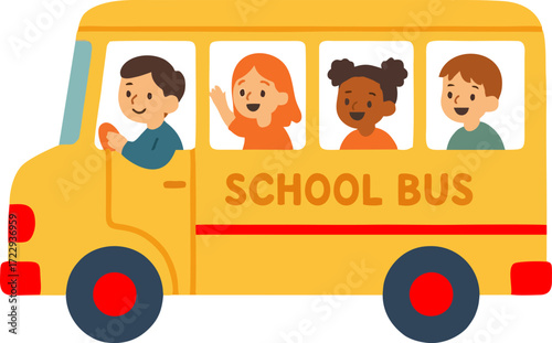 little kids boy and girl ride school bus and go to school