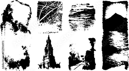 Abstract black and white texture. Distressed vector illustration with maps and silhouettes in a cohesive design set.