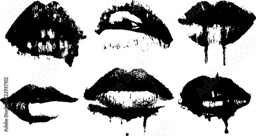 Black lips vector illustration featuring artistic styles and unique shapes in a modern graphic set. Simple and clean design emphasizing makeup aesthetics.