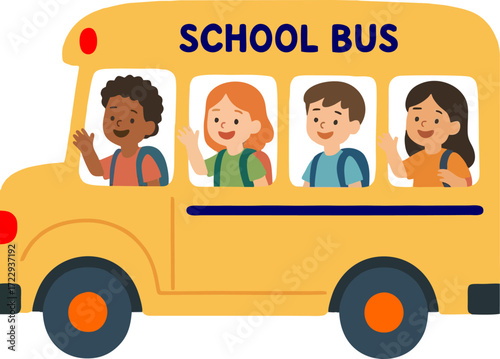 little kids boy and girl ride school bus and go to school