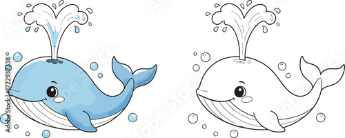 Cute Cartoon Whale Spouting Water