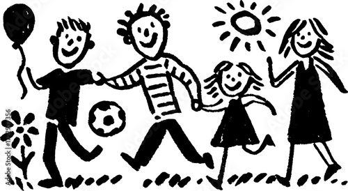 Family enjoying outdoor playtime with children. Sketch illustration depicting activities like a balloon and soccer ball in a vector style.