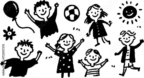 Children playing outdoors, smiling and waving with a balloon and soccer ball. Simple black and white vector illustration of a happy group set.
