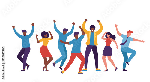 Group of young people jumping and dancing with joyful expressions, celebrating energy, friendship, and positivity.