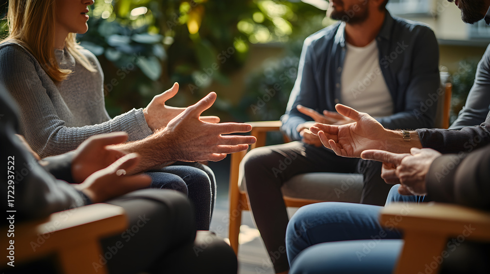 © tu - Counseling group therapy concept with individuals seated in chairs, expressive hand gestures symbolizing open conversation, emotional support, and mental health community interaction © tu - Counseling group therapy concept with individuals seated in chairs, expressive hand gestures symbolizing open conversation, emotional support, and mental health community interaction