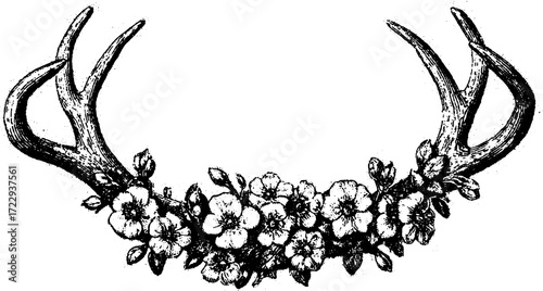 Vintage antlers with flowers. Hand-drawn botanical vector illustration in black and white, ideal for rustic decor or nature-themed design set.