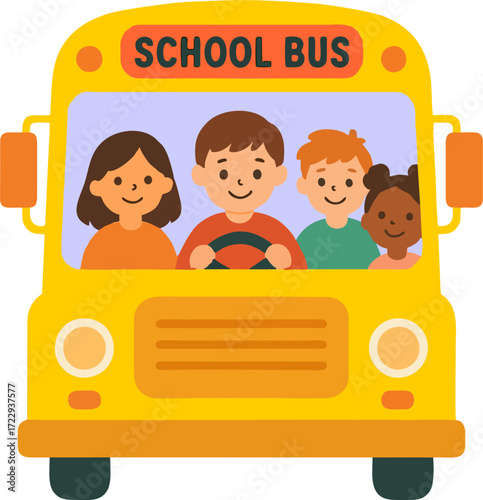 little kids boy and girl ride school bus and go to school