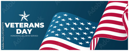 Veterans Day Banner. Honoring all who served. United States federal holiday background with waving American flag. Vector illustration.